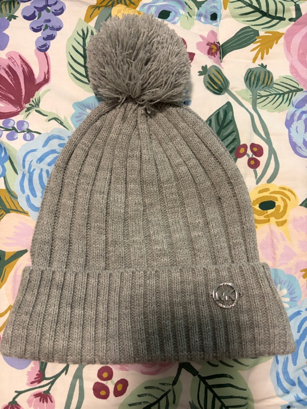 Michael Kors Light Gray Ribbed Pom-Pom Knit Beanie